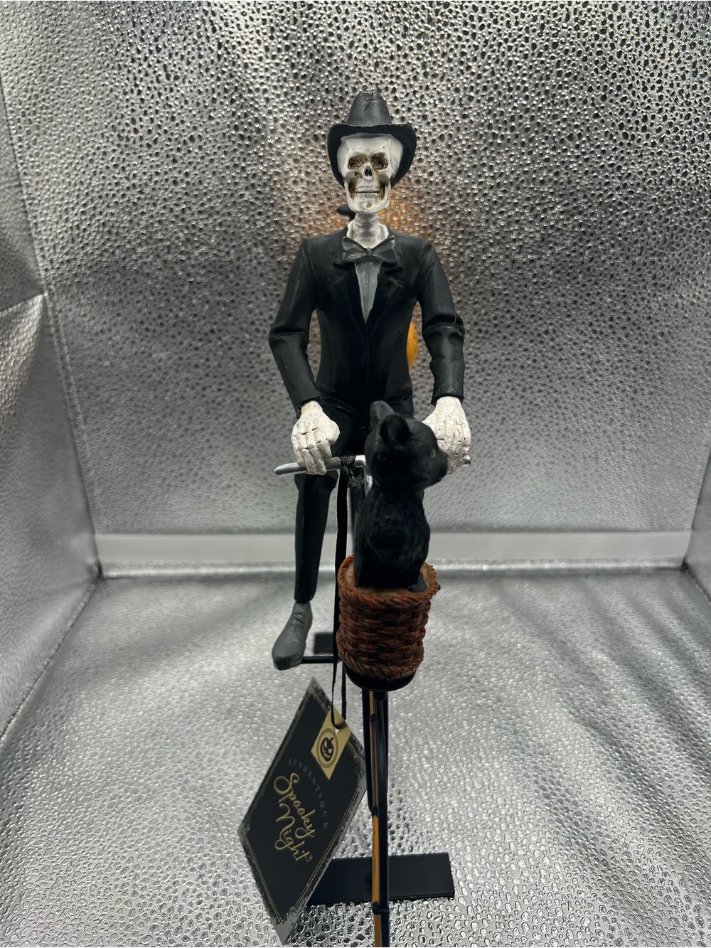 Skeleton Gentleman Bicycle Figurine in Black with Black Cat Accent